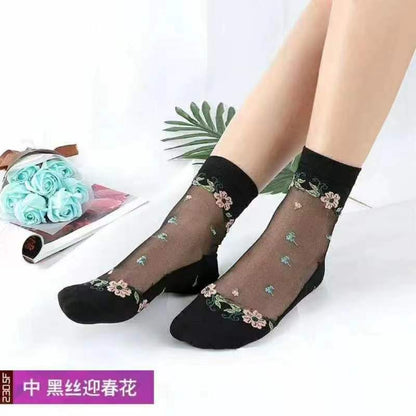 Glass fiber stockings - Children's rose flower sweet anti-slip cotton bottom stockings - Transparent mid-calf women's low-top trendy cotton stockings