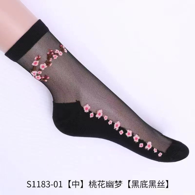 Glass fiber stockings - Children's rose flower sweet anti-slip cotton bottom stockings - Transparent mid-calf women's low-top trendy cotton stockings