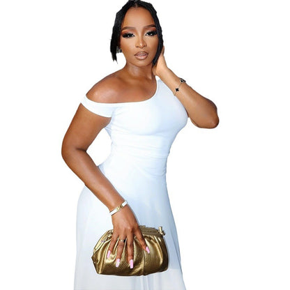 Women's fashionable solid-color dress with a slanting collar, revealing a single shoulder, sleeveless and with an irregular shape Dress