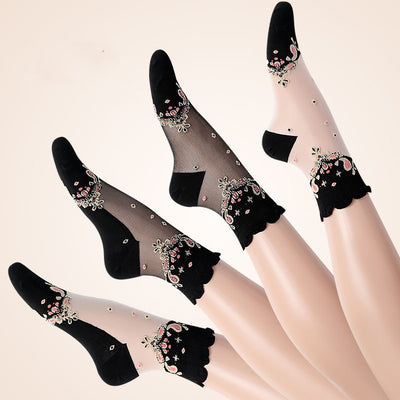 Glass fiber stockings - Children's rose flower sweet anti-slip cotton bottom stockings - Transparent mid-calf women's low-top trendy cotton stockings
