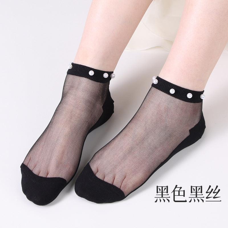 Pearl stockings - children's short socks. Light-mouthed lace summer lightweight netting transparent glass thread crystal socks.