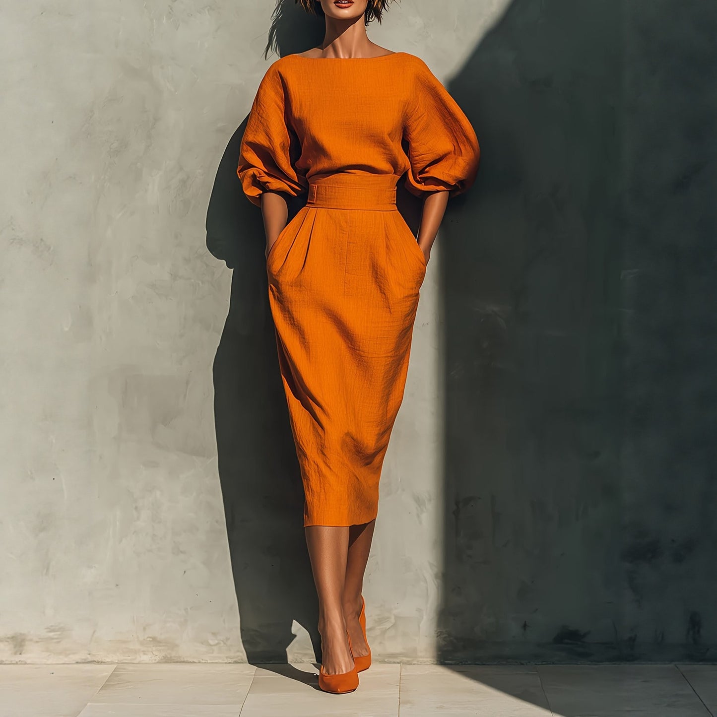 Spring/Summer style elegant boat-neck A-line skirt with puff sleeves top paired with high-waisted pleated half-skirt perfectly showcases retro style.