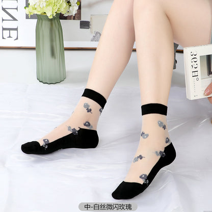 Fashion floral pattern series crystal silk stockings mid-calf women's stockings transparent glass silk with cotton bottom manufacturer