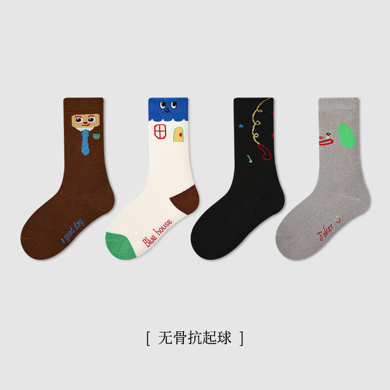 儿童袜子批发秋季新款双针刺绣字母宝宝中筒袜无骨透气男童袜子棉