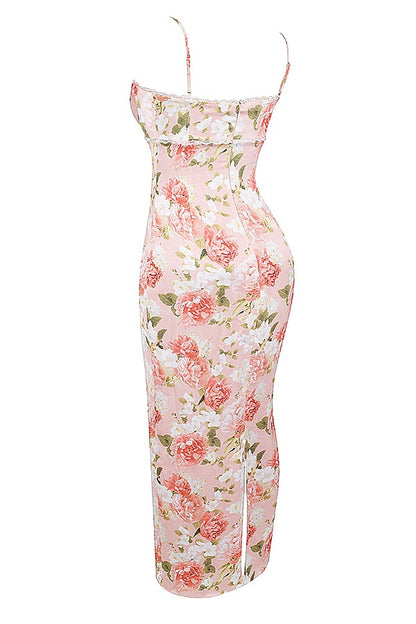 Lace fabric with milk silk texture, pleated at the bust, long and form-fitting dress with floral print on the front.
