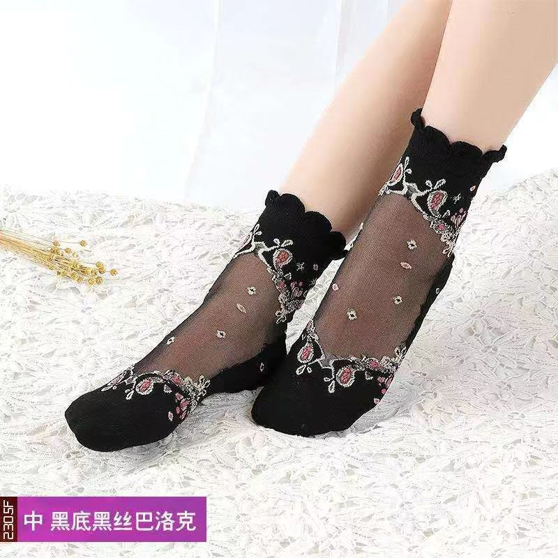 Glass fiber stockings - Children's rose flower sweet anti-slip cotton bottom stockings - Transparent mid-calf women's low-top trendy cotton stockings