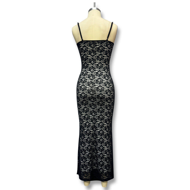 Strapless deep V lace sheer dress with European-style fitted bust and hip design, pure color, backless, sexy long dress