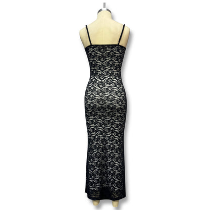 Strapless deep V lace sheer dress with European-style fitted bust and hip design, pure color, backless, sexy long dress