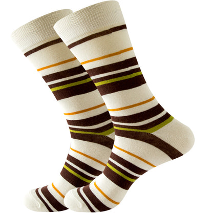 The same style striped men's and women's socks, trendy and colorful, for street wear, featuring a bold and unique design in mid-calf length.
