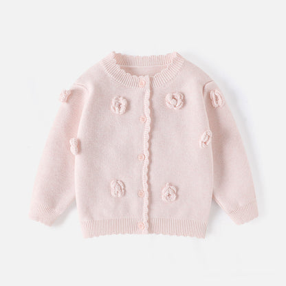 Girls' sweater cardigan princess three-dimensional flower round-neck knitted cotton coat pure color cotton outerwear baby girl A-class sweater