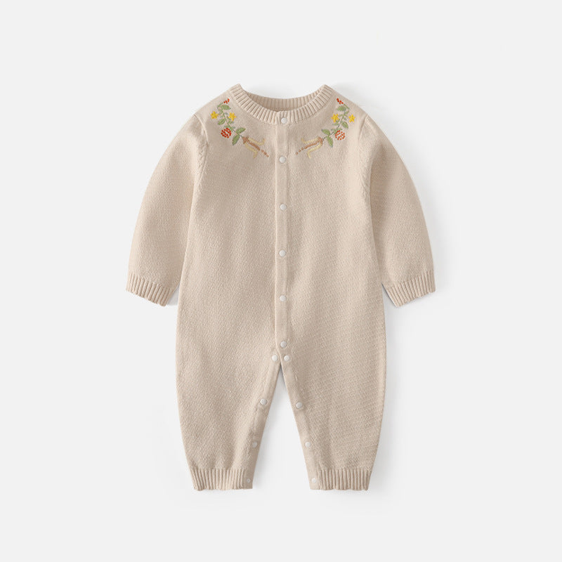 New style baby girl embroidered one-piece dress with flower buttons and round collar sweater for crawling. Spring/autumn newborn knitted one-piece dress.
