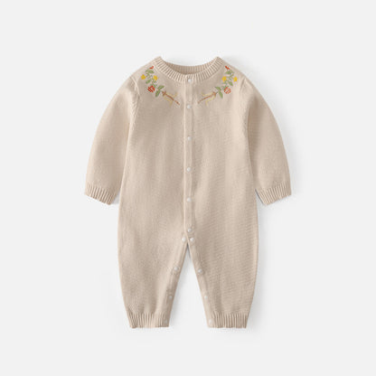 New style baby girl embroidered one-piece dress with flower buttons and round collar sweater for crawling. Spring/autumn newborn knitted one-piece dress.