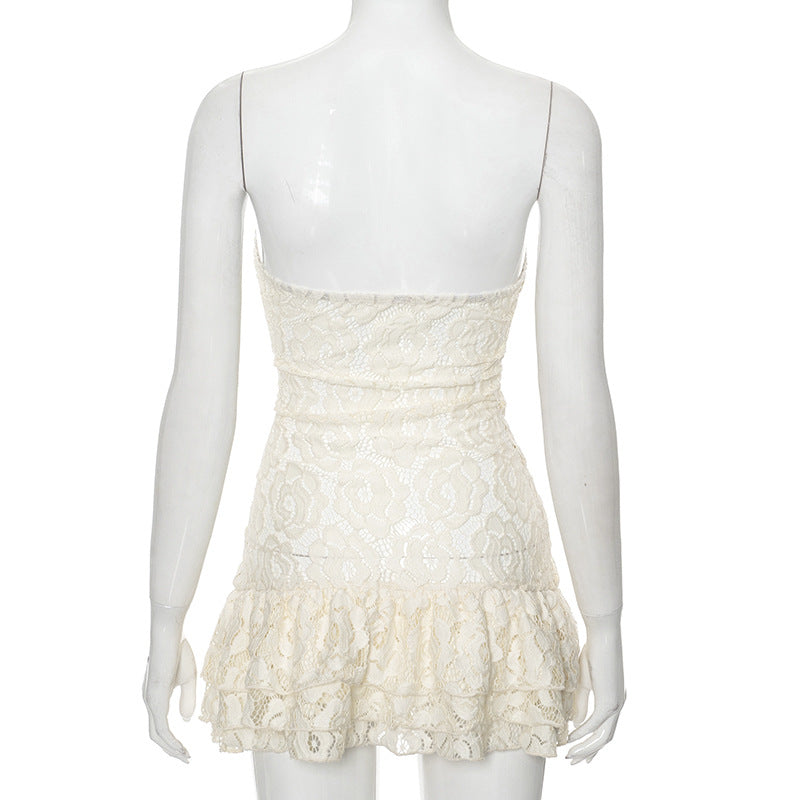 Summer women's dress - solid color, plunging neckline, lace, sheer fabric, high-waisted, full-length
