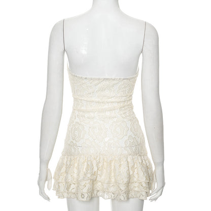 Summer women's dress - solid color, plunging neckline, lace, sheer fabric, high-waisted, full-length