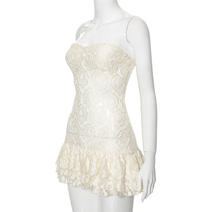 Summer women's dress - solid color, plunging neckline, lace, sheer fabric, high-waisted, full-length