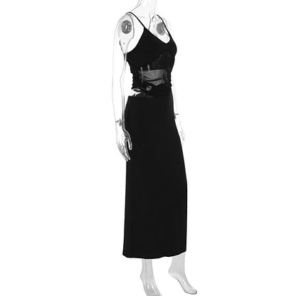 Net fabric seaside vacation long dress with stretch and figure-hugging design for women, featuring a sexy halter top and a one-piece style.