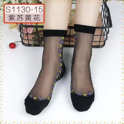 Glass fiber stockings - Children's rose flower sweet anti-slip cotton bottom stockings - Transparent mid-calf women's low-top trendy cotton stockings