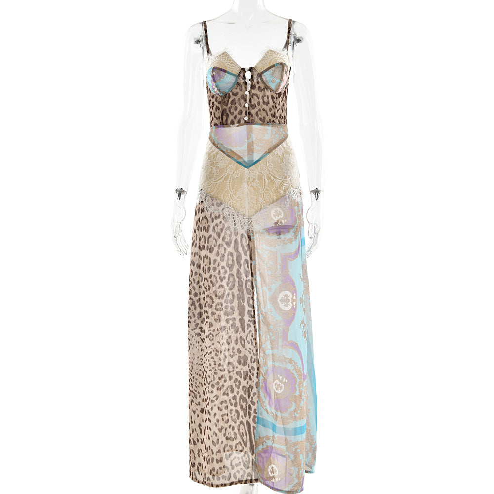 Summer sexy women's halter top long dress, European hot girl dress with slit and plunging neckline, chiffon dress