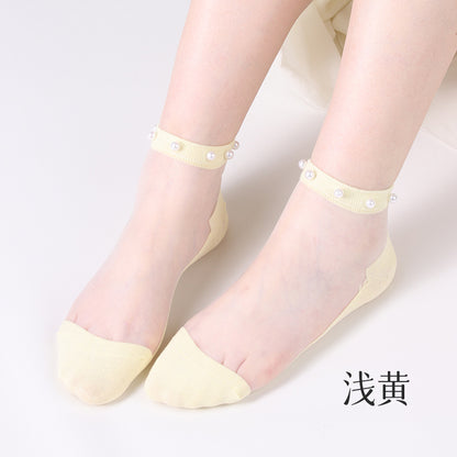 Pearl stockings - children's short socks. Light-mouthed lace summer lightweight netting transparent glass thread crystal socks.
