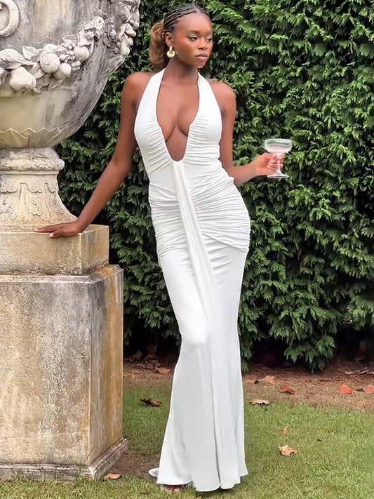 Sexy cut-out V-neck backless fitted pleated spliced strap-neckline dress for women