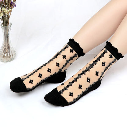 Summer ice silk stockings - children's polka dot striped butterfly glass silk stockings mid-calf crystal silk cardigan skin-colored short socks, thin style