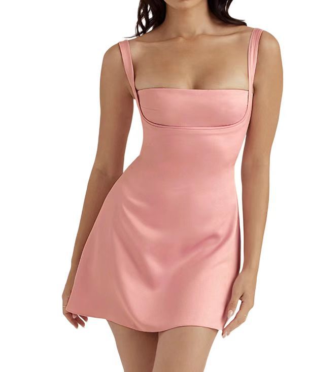 Sexy hot girl halter dress with sheer open back short skirt, French-style dress with patchwork design for women