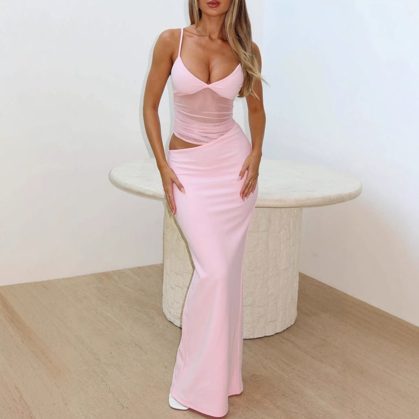 Net fabric seaside vacation long dress with stretch and figure-hugging design for women, featuring a sexy halter top and a one-piece style.