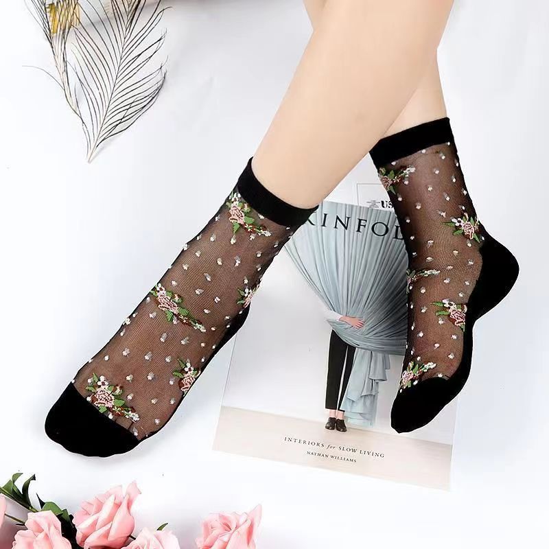 Glass fiber stockings - Children's rose flower sweet anti-slip cotton bottom stockings - Transparent mid-calf women's low-top trendy cotton stockings
