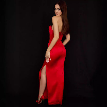 Silk strapless slit knee-length dress - a sexy evening gown