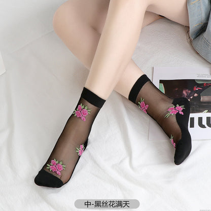 Fashion floral pattern series crystal silk stockings mid-calf women's stockings transparent glass silk with cotton bottom manufacturer