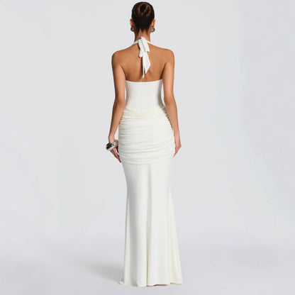 Women's pleated ribbon-spliced halter top long dress with fitted bust and draped neckline formal gown