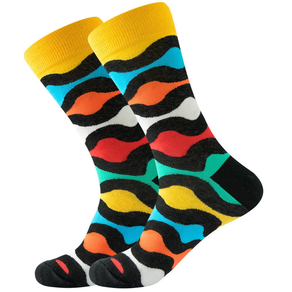 The same style striped men's and women's socks, trendy and colorful, for street wear, featuring a bold and unique design in mid-calf length.