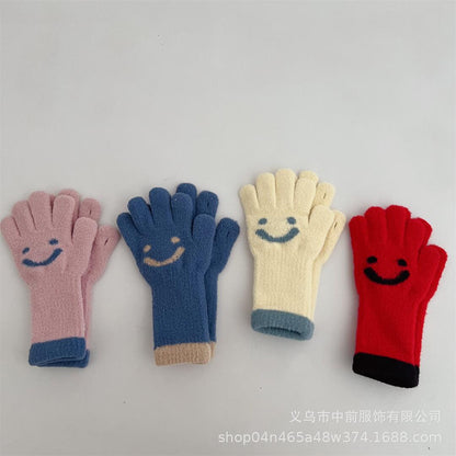 冬季儿童可触屏长款笑脸拼色五指针织手套男女童宝宝保暖分指手套