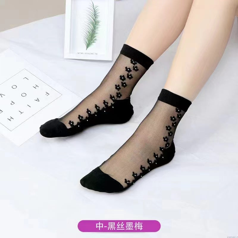 Glass fiber stockings - Children's rose flower sweet anti-slip cotton bottom stockings - Transparent mid-calf women's low-top trendy cotton stockings