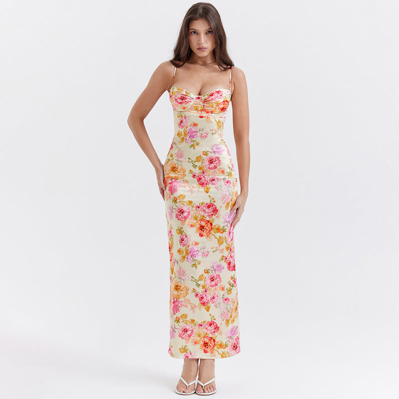 Lace fabric with milk silk texture, pleated at the bust, long and form-fitting dress with floral print on the front.