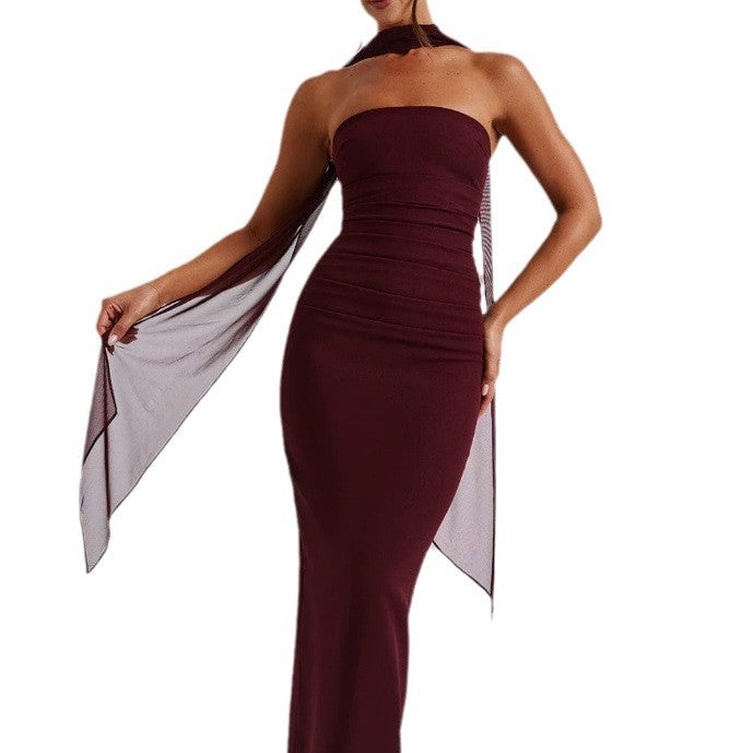 Winter and autumn silk scarf strapless figure-hugging form-fitting women's long dress with a back slit and full skirt