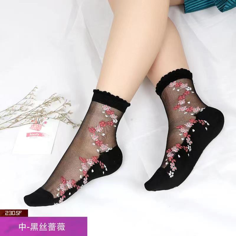 Glass fiber stockings - Children's rose flower sweet anti-slip cotton bottom stockings - Transparent mid-calf women's low-top trendy cotton stockings