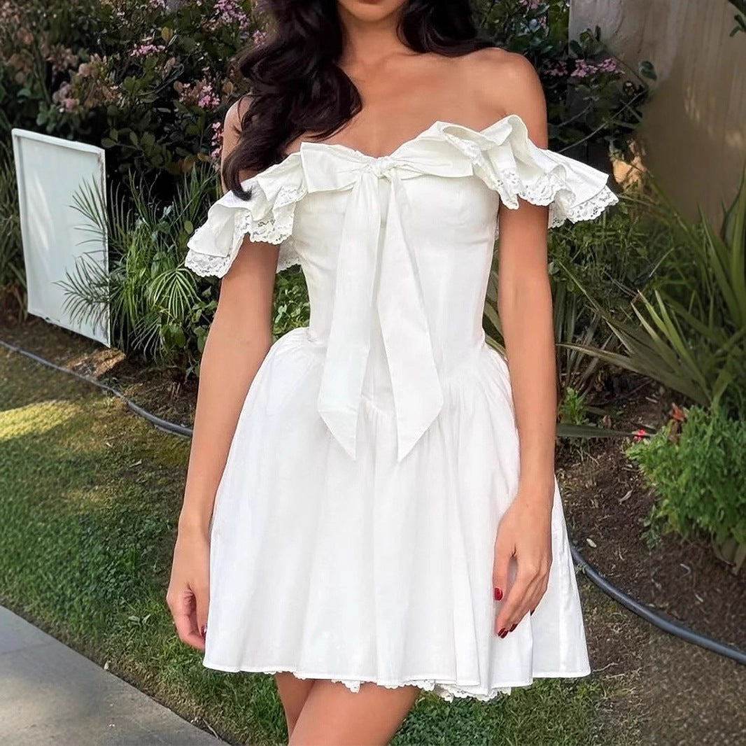 Women's fishbone pure desire white dress, sexy V-neck with bow tie at the waist, backless, revealing white dress.