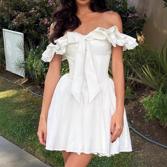 Women's fishbone pure desire white dress, sexy V-neck with bow tie at the waist, backless, revealing white dress.