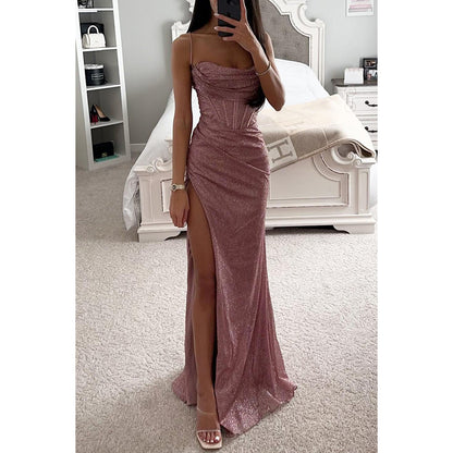 Long dress party fashion halter top dress loose and casual slit women's dress