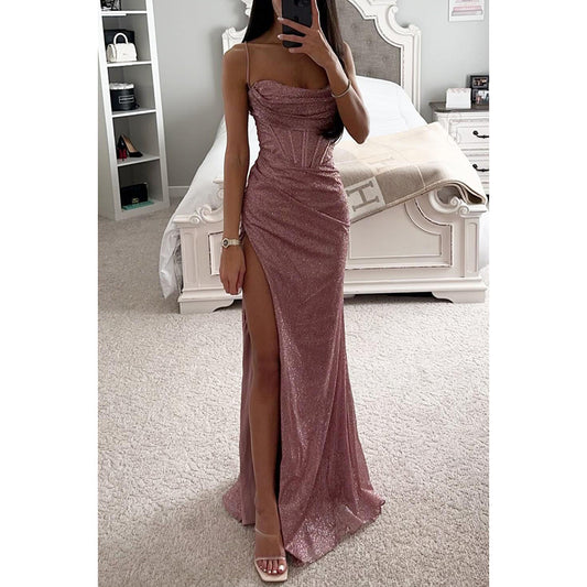 Long dress party fashion halter top dress loose and casual slit women's dress