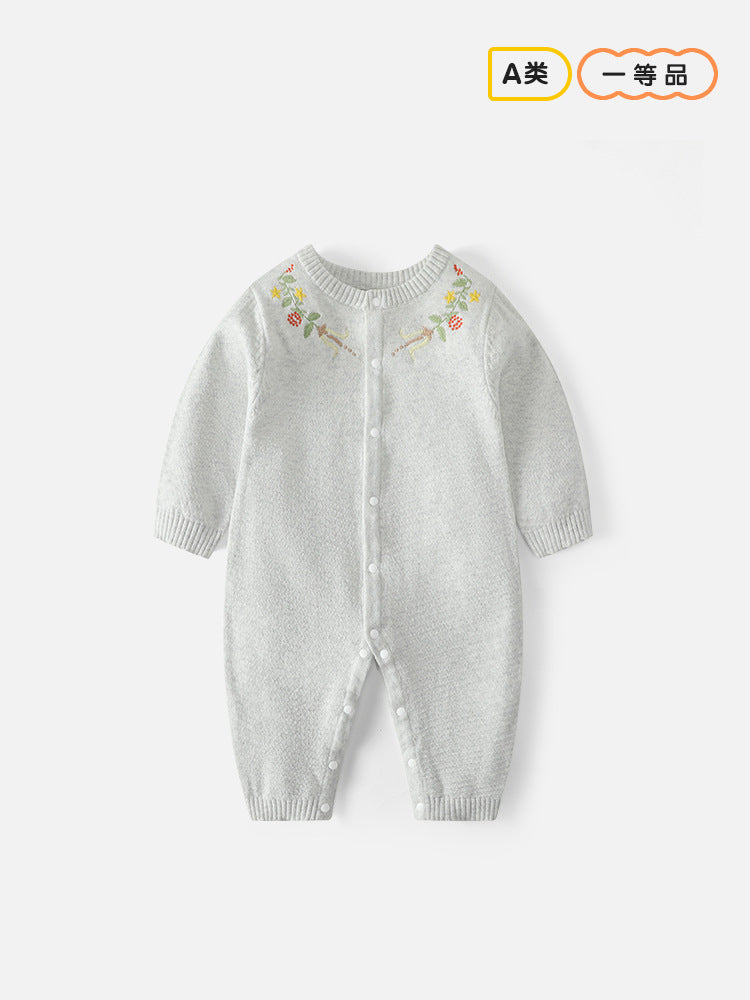 New style baby girl embroidered one-piece dress with flower buttons and round collar sweater for crawling. Spring/autumn newborn knitted one-piece dress.