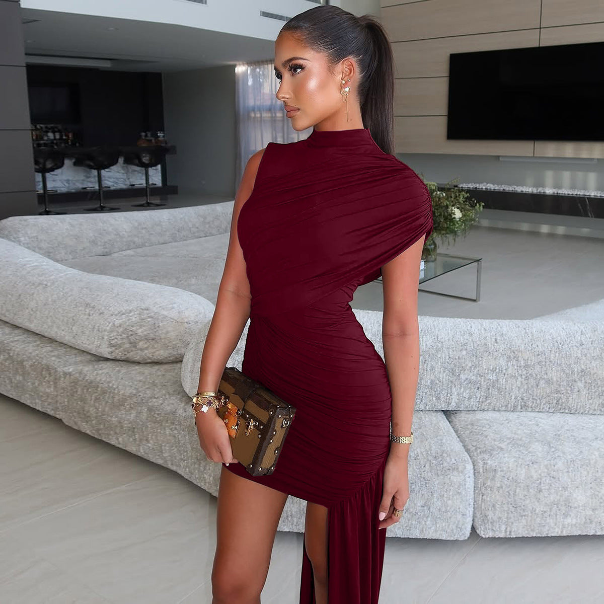 Summer beauty dress - solid color round-neck pleated ruffled halter-neck asymmetrical sleeveless A-line dress