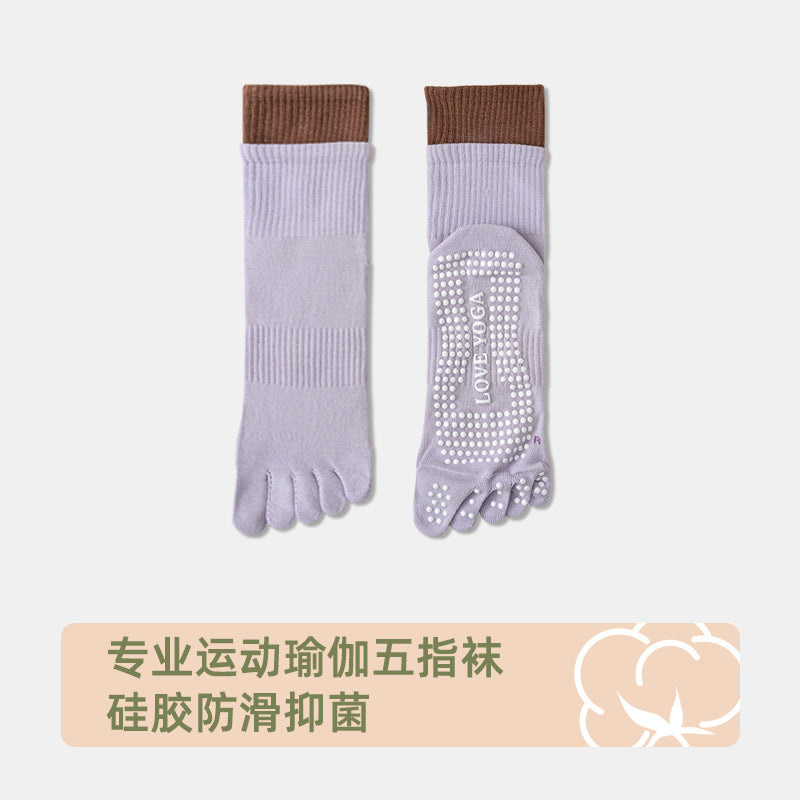 Yoga socks - Professional anti-slip women's socks made of pure cotton, five-fingered socks, Pilates split-toe socks, women's indoor fitness mid-calf socks