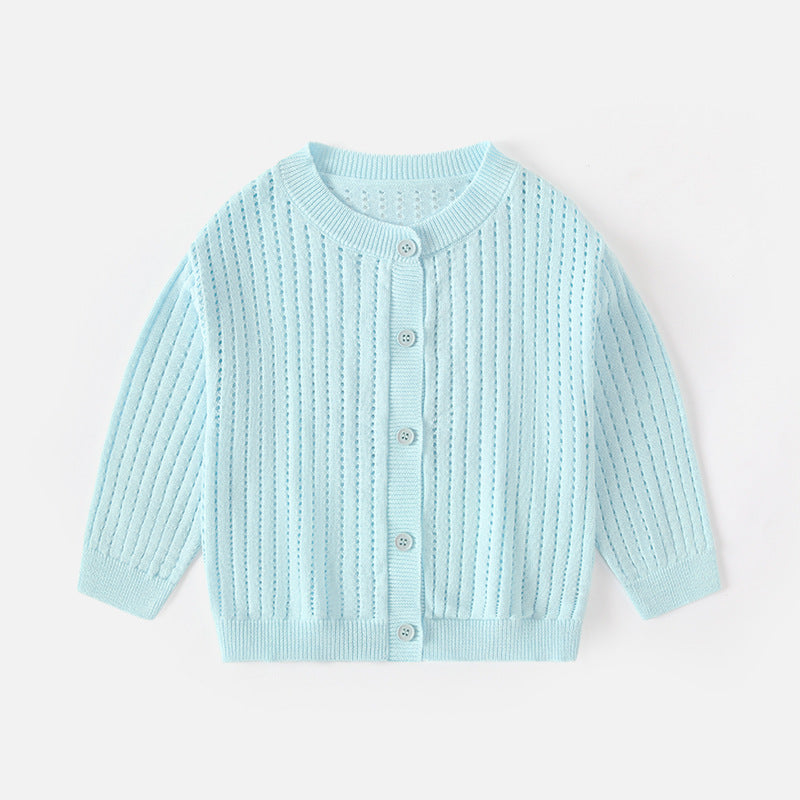 Spring and Summer Baby Lightweight Knitted Cardigan - Air Conditioner Protection Cooling Suit - Class A Cotton Long-Sleeved Children's Solid Color Breathable Round Collar Coat