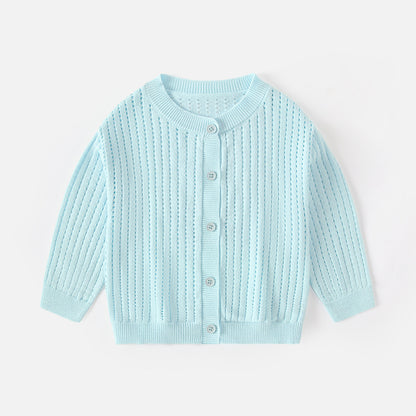 Spring and Summer Baby Lightweight Knitted Cardigan - Air Conditioner Protection Cooling Suit - Class A Cotton Long-Sleeved Children's Solid Color Breathable Round Collar Coat