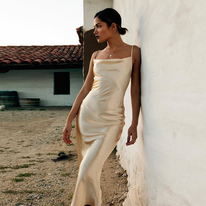 Elegant satin long dress, strapless backless sexy evening gown