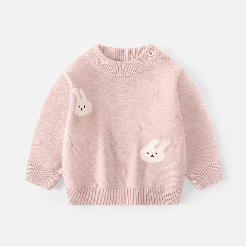 Little girl bunny pullover autumn cartoon round-neck A-type sweater, warm long-sleeved top, children's base knitting sweaterLittle girl bunny pullover autumn cartoon round-neck A-type sweater, warm long-sleeved top, children's base layer knitwear