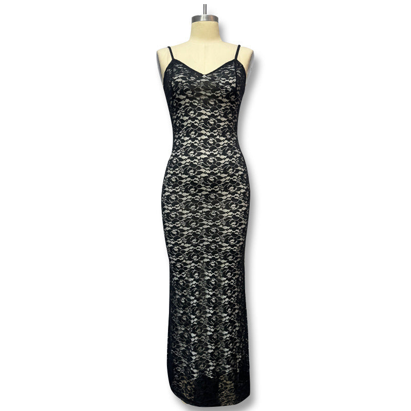 Strapless deep V lace sheer dress with European-style fitted bust and hip design, pure color, backless, sexy long dress