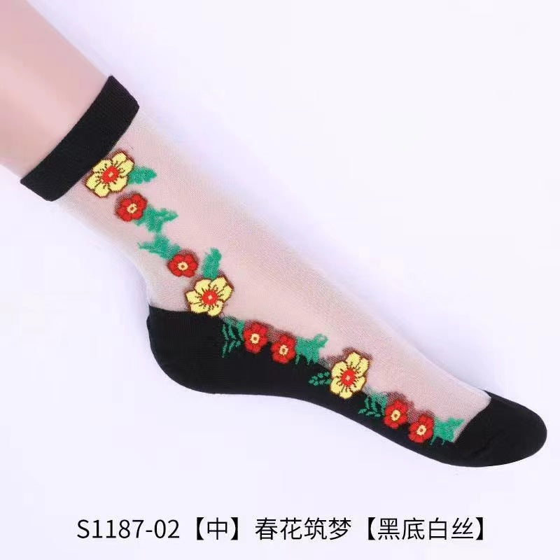 Glass fiber stockings - Children's rose flower sweet anti-slip cotton bottom stockings - Transparent mid-calf women's low-top trendy cotton stockings